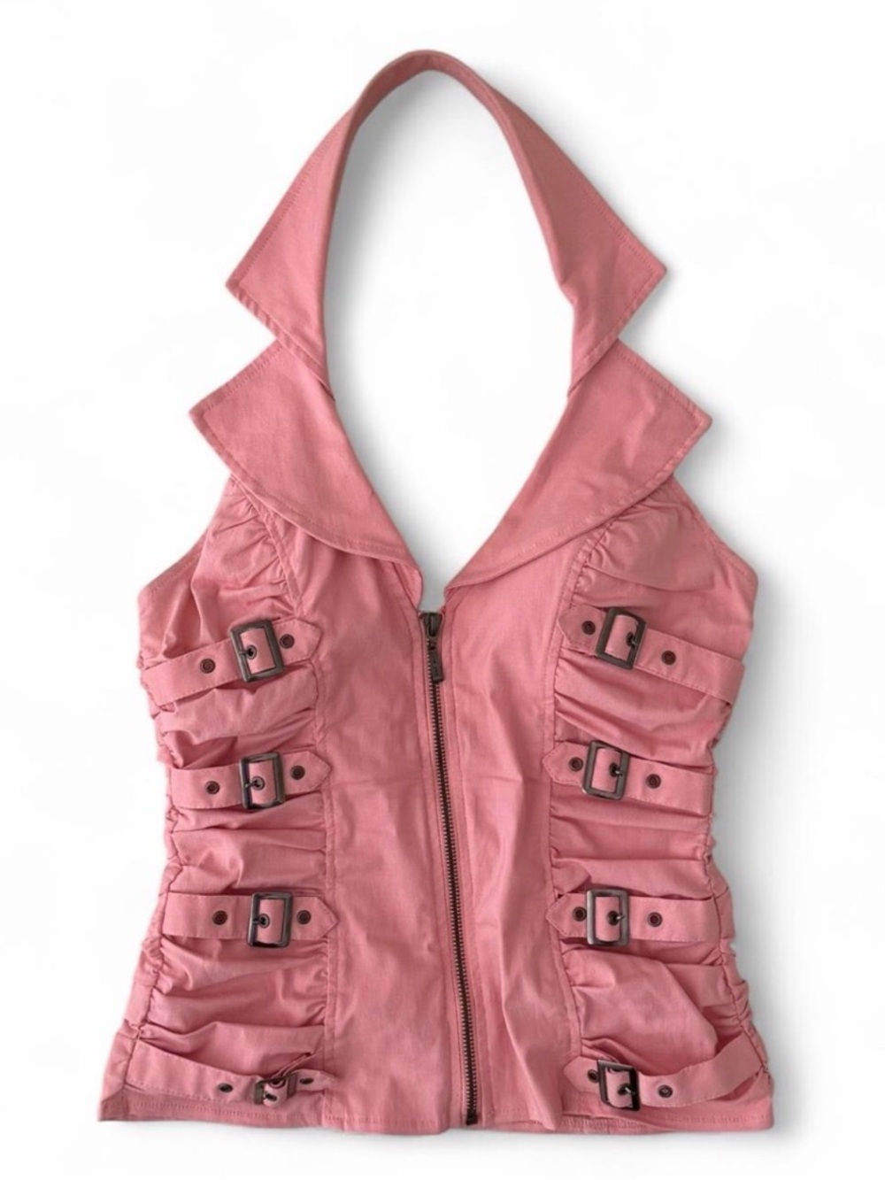 Pink Women's Halter Zip Front Vest with Buckle Details